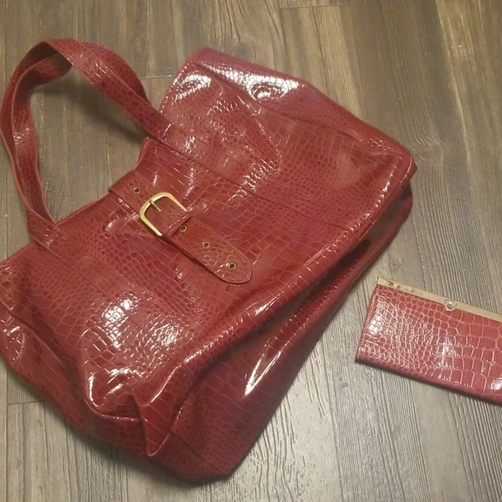 Large alligator print handbag with matching wallet